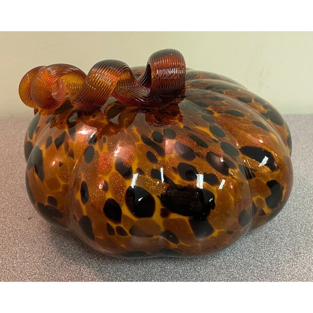 8" Art Glass Pumpkin Amber Brown Gold Black Halloween Handmade Fall Thanksgiving